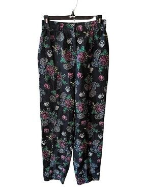 Saks Fifth Avenue Black Floral Silk Pants with Pink,Green,Yellow and Blue Accent